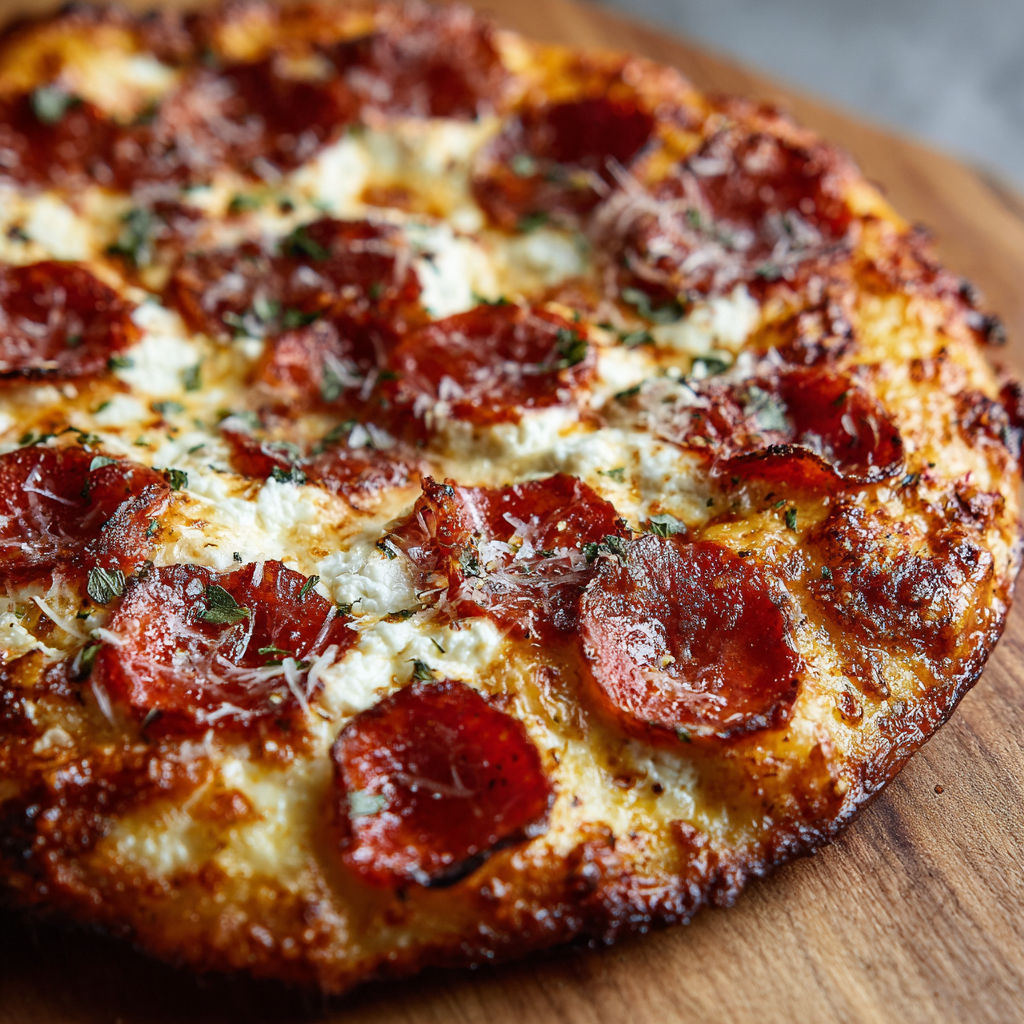 A pepperoni pizza with cheese and herbs on top.