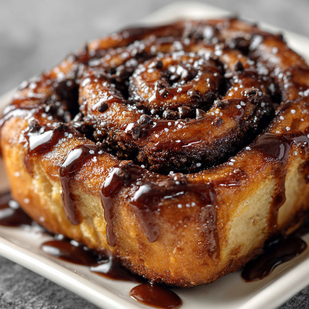 A chocolate cinnamon roll on a plate.