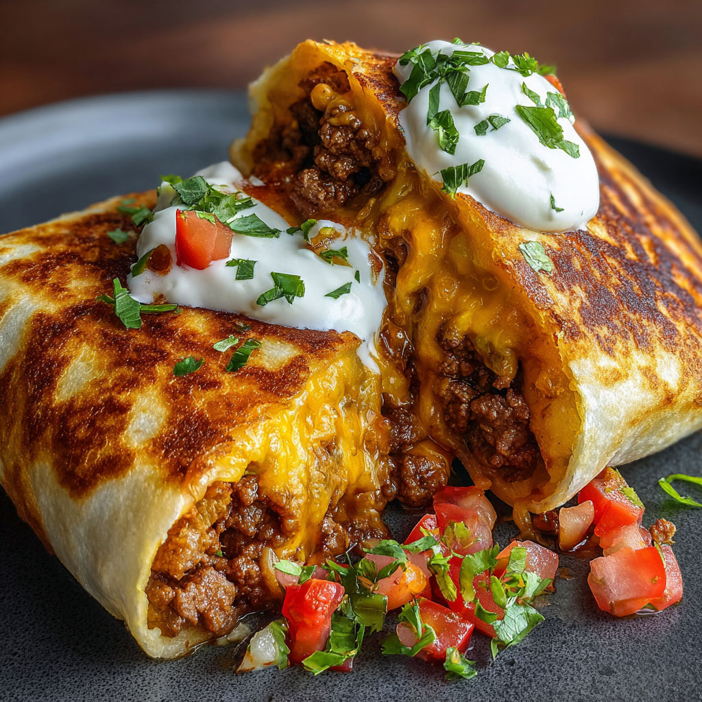 A burrito with cheese and tomatoes.