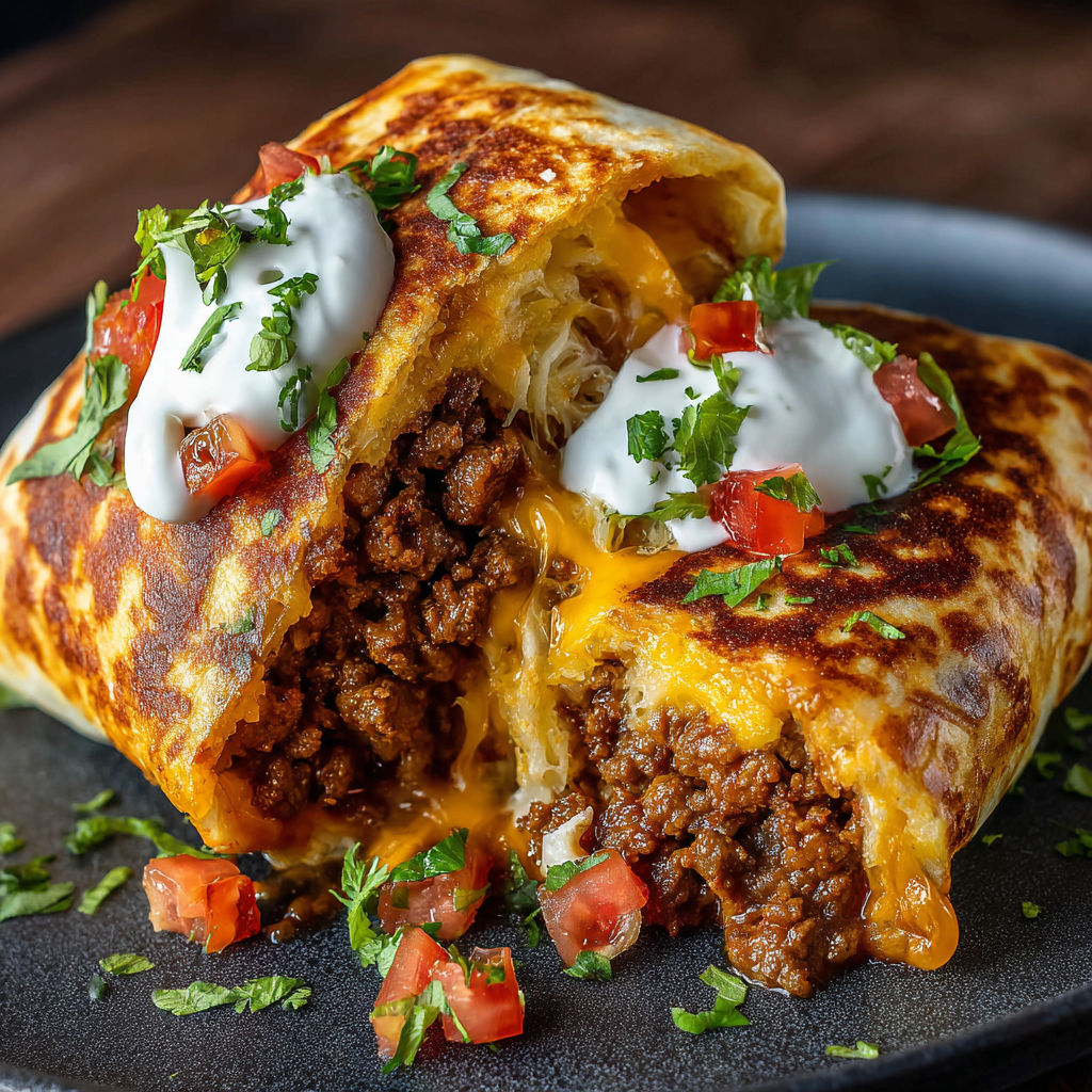 A burrito with cheese and tomatoes.