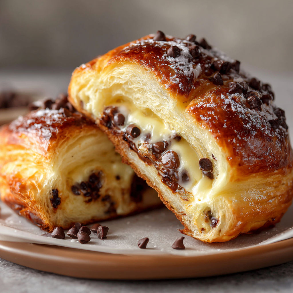 Two brioches with chocolate chips and vanilla custard.