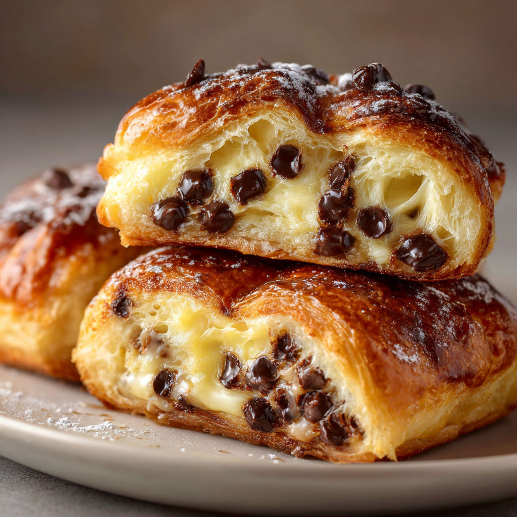 Chocolate chip vanilla custard brioches on a plate.