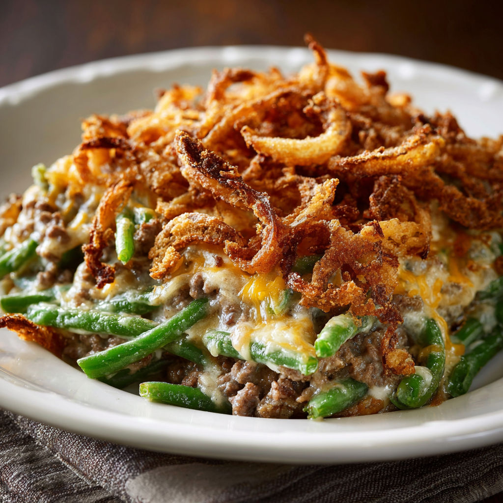 A plate of food with onion rings and green beans.