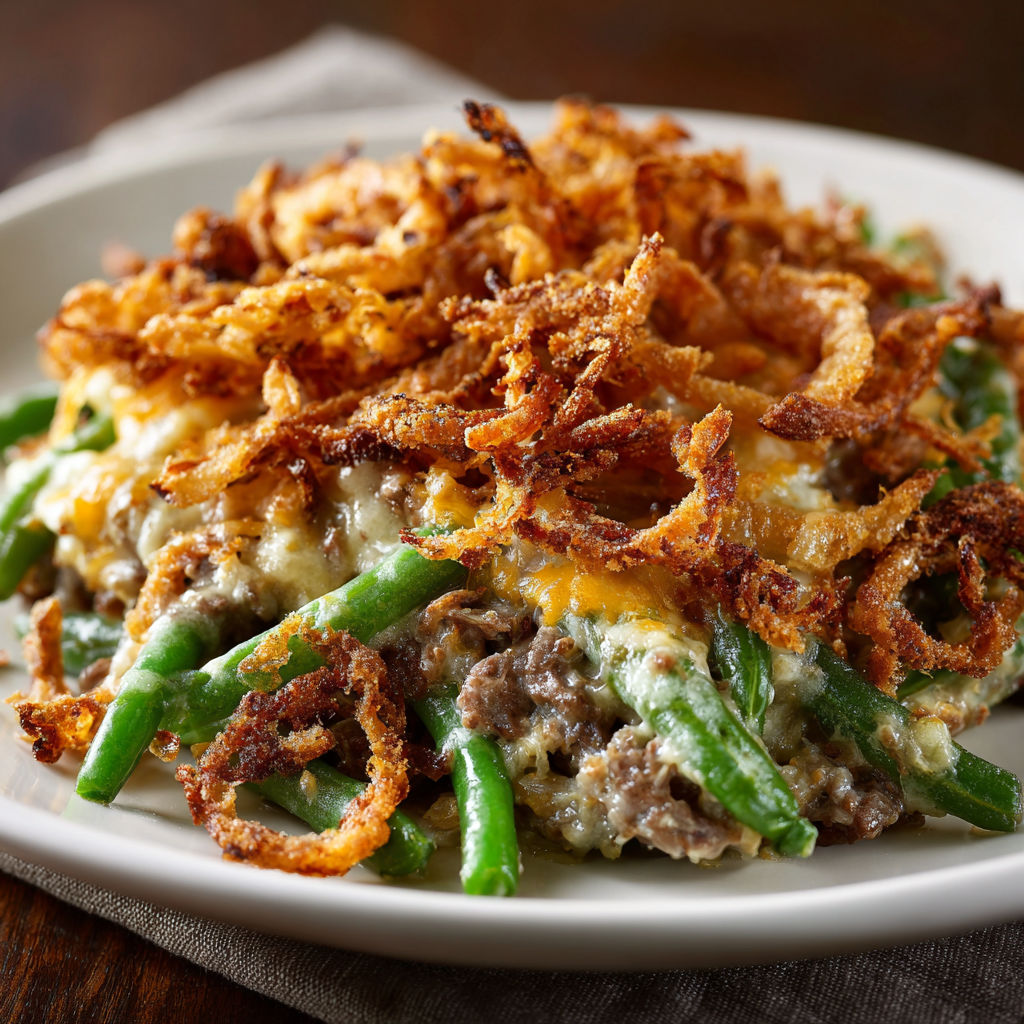 A plate of food with onion rings and green beans.