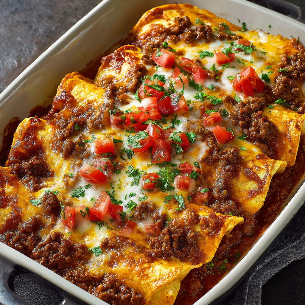 A dish of enchiladas with ground beef.