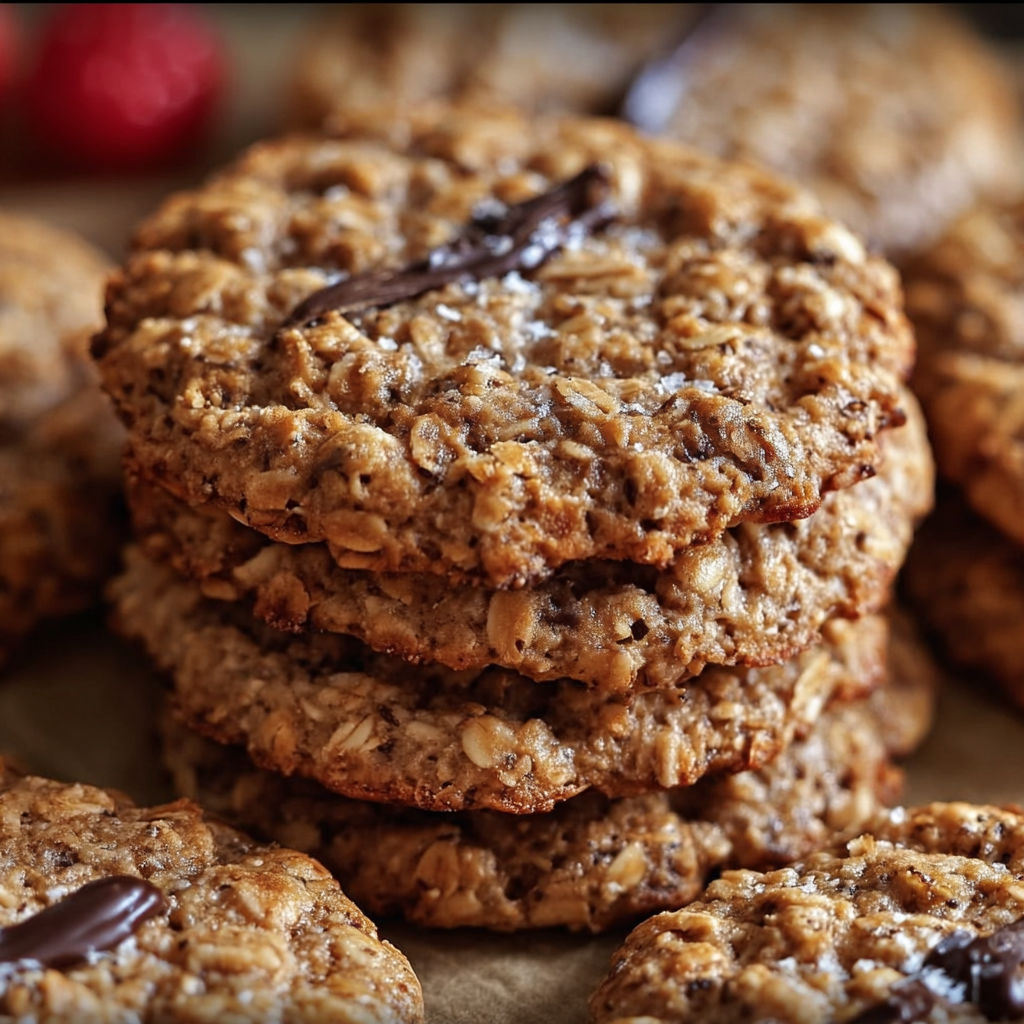 A stack of cookies with chocolate drizzled on top.