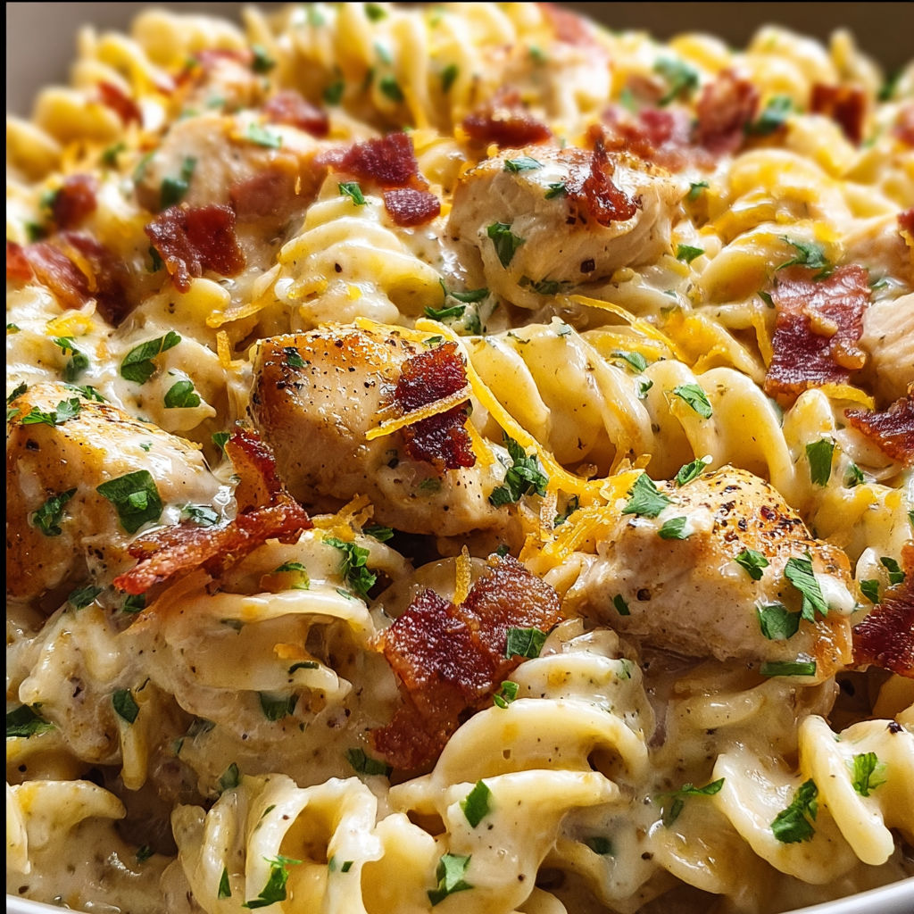 A dish of chicken bacon ranch pasta.