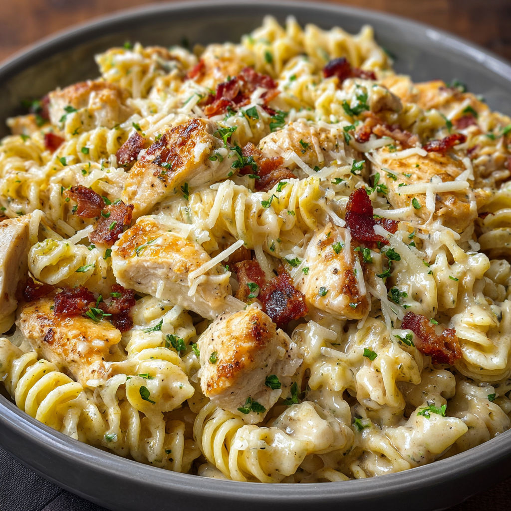A bowl of pasta with chicken and bacon.