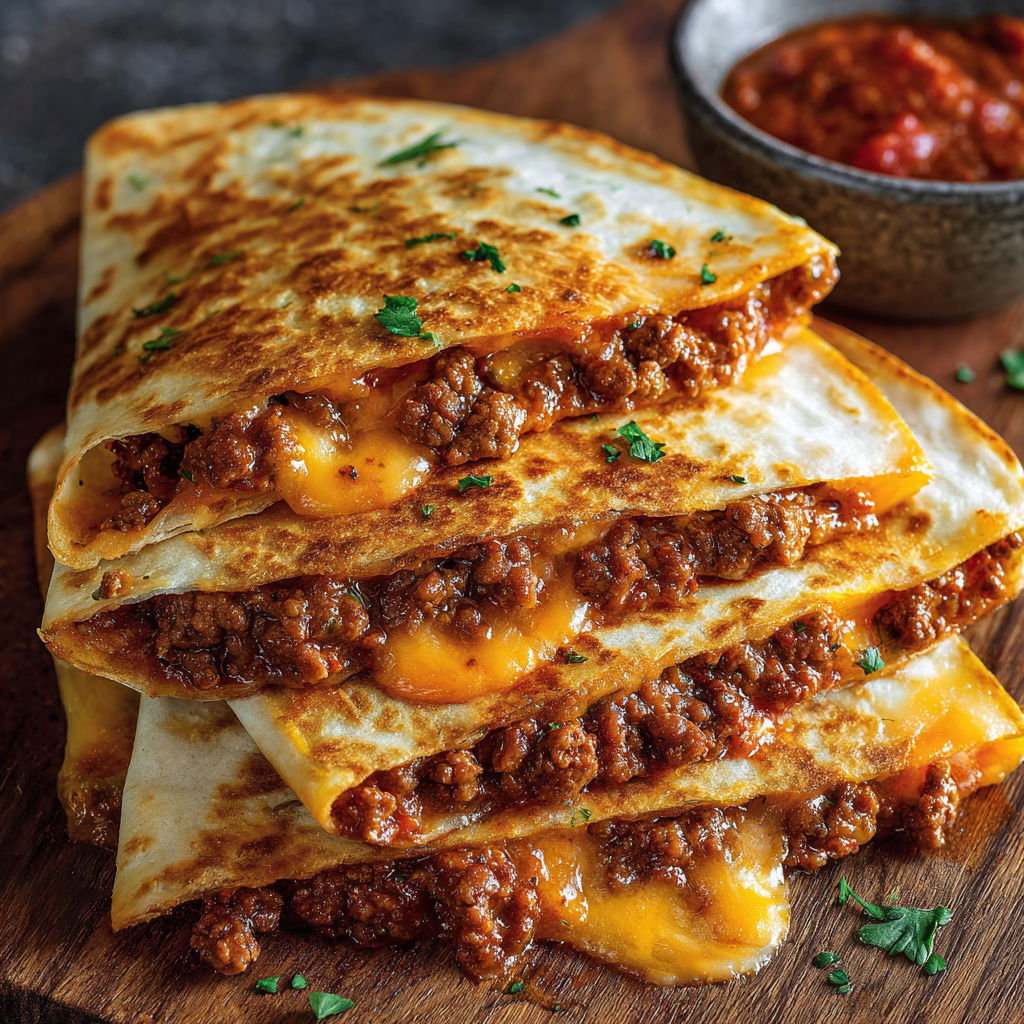 A stack of tacos with cheese and meat.