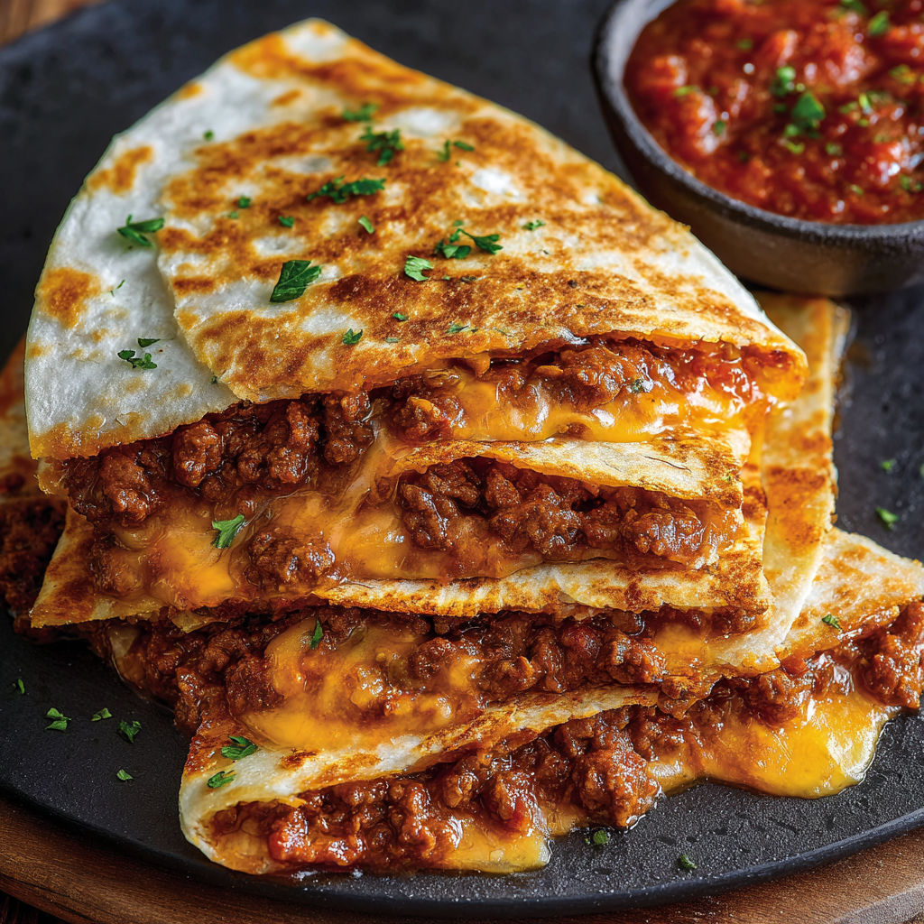 A stack of three enchiladas with cheese and meat.