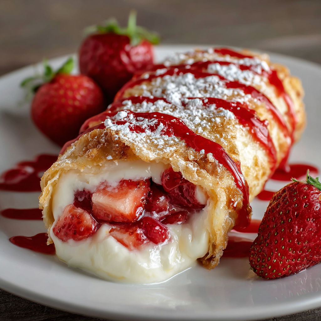 A pastry with strawberries and whipped cream on a plate.