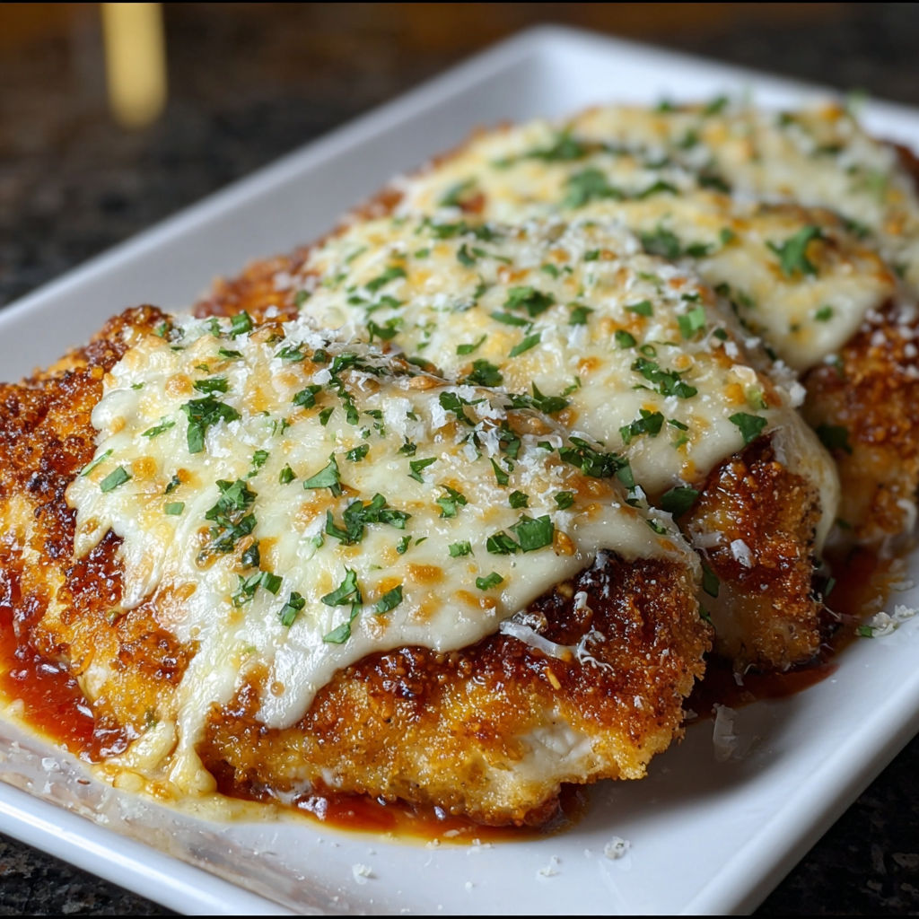 Golden breaded chicken parmesan on a white plate.