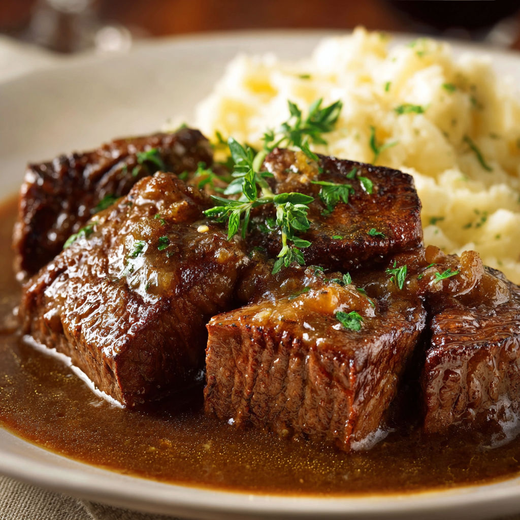 A plate of food with meat and potatoes.