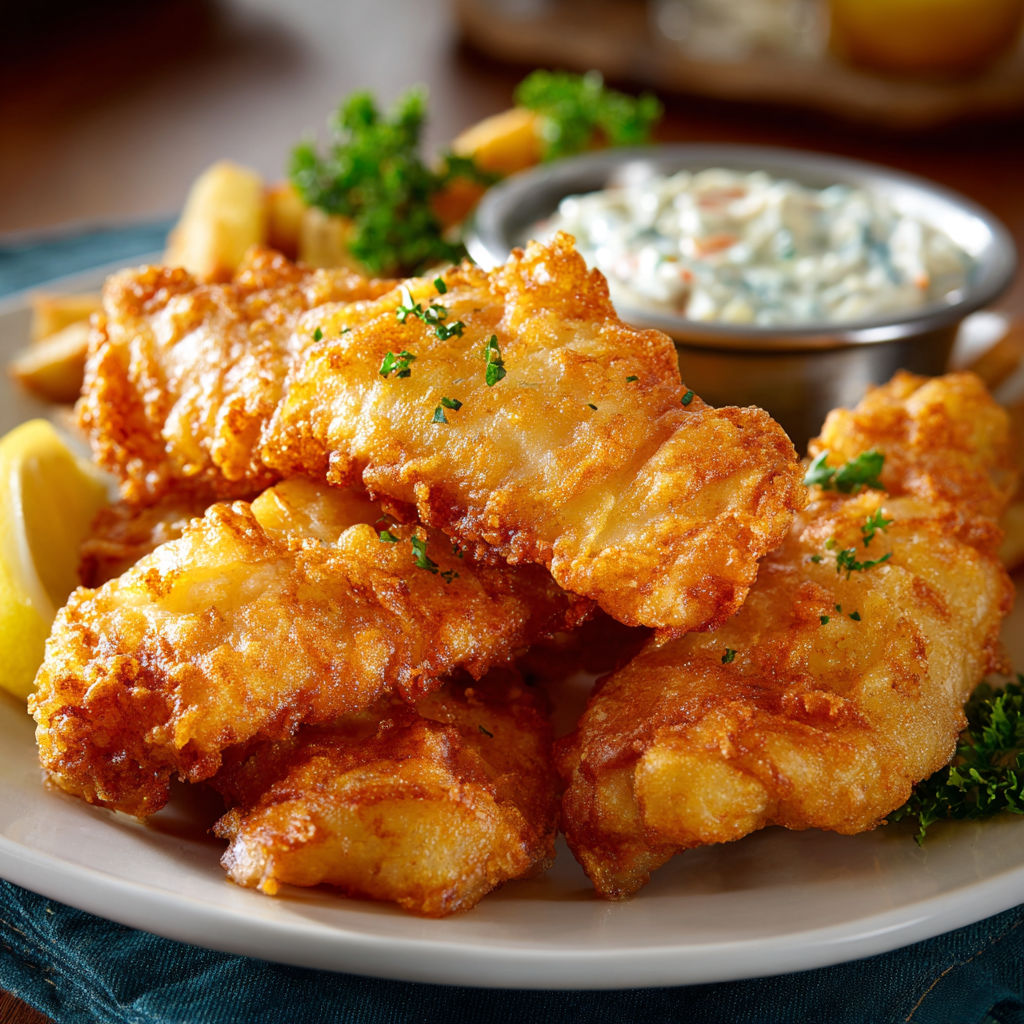 A plate of fish and chips with a side of coleslaw.