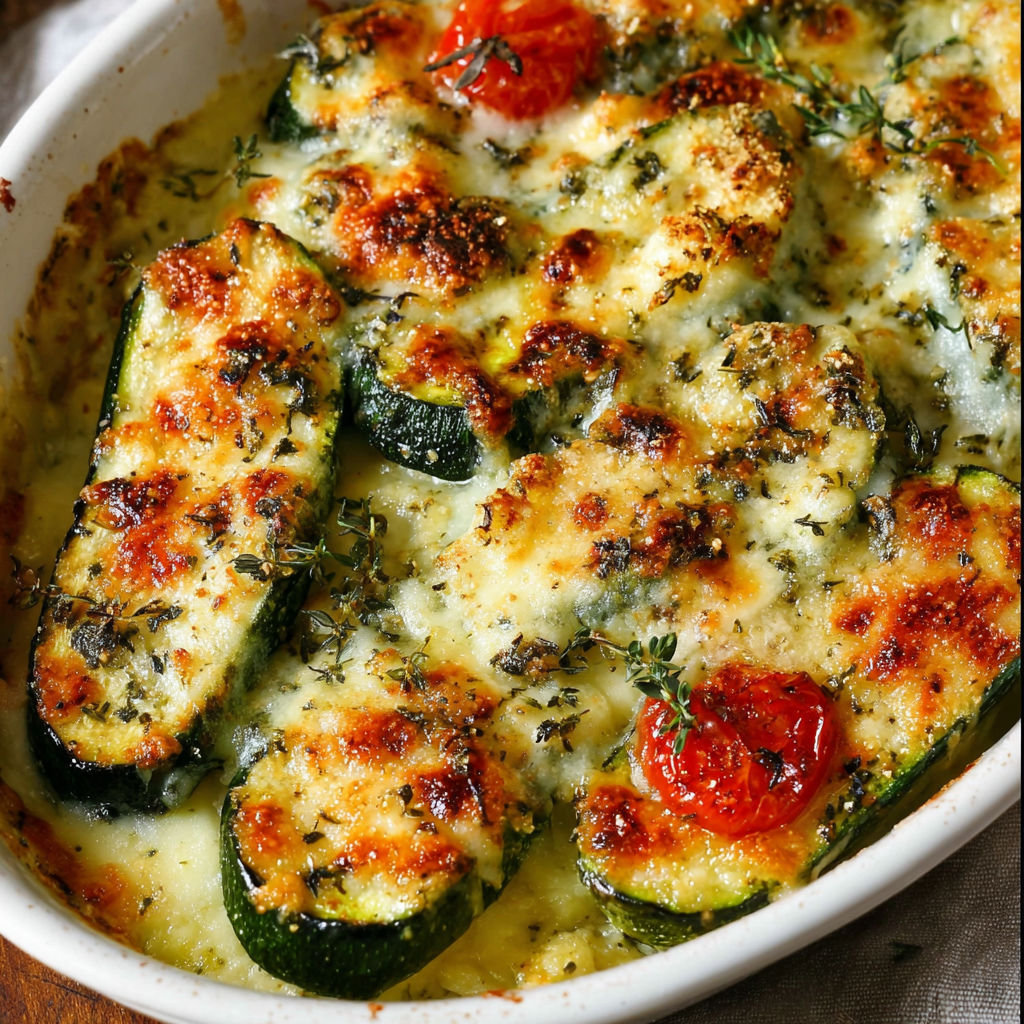 A dish of baked zucchini and cheese.
