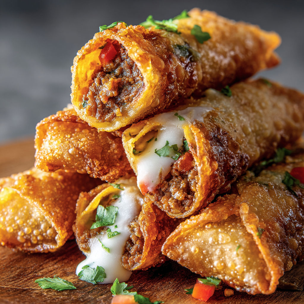 Crispy nacho egg rolls stacked on a wooden table.