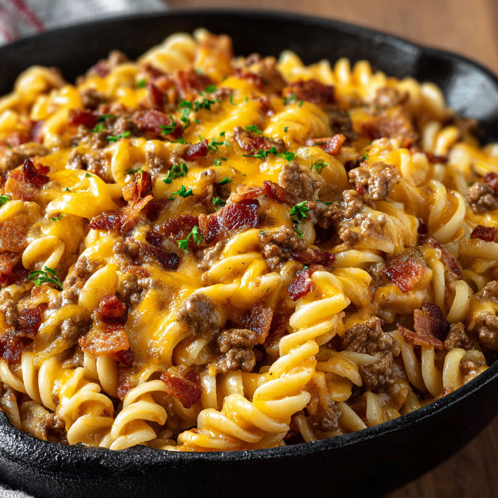 A bowl of pasta with bacon and cheese.