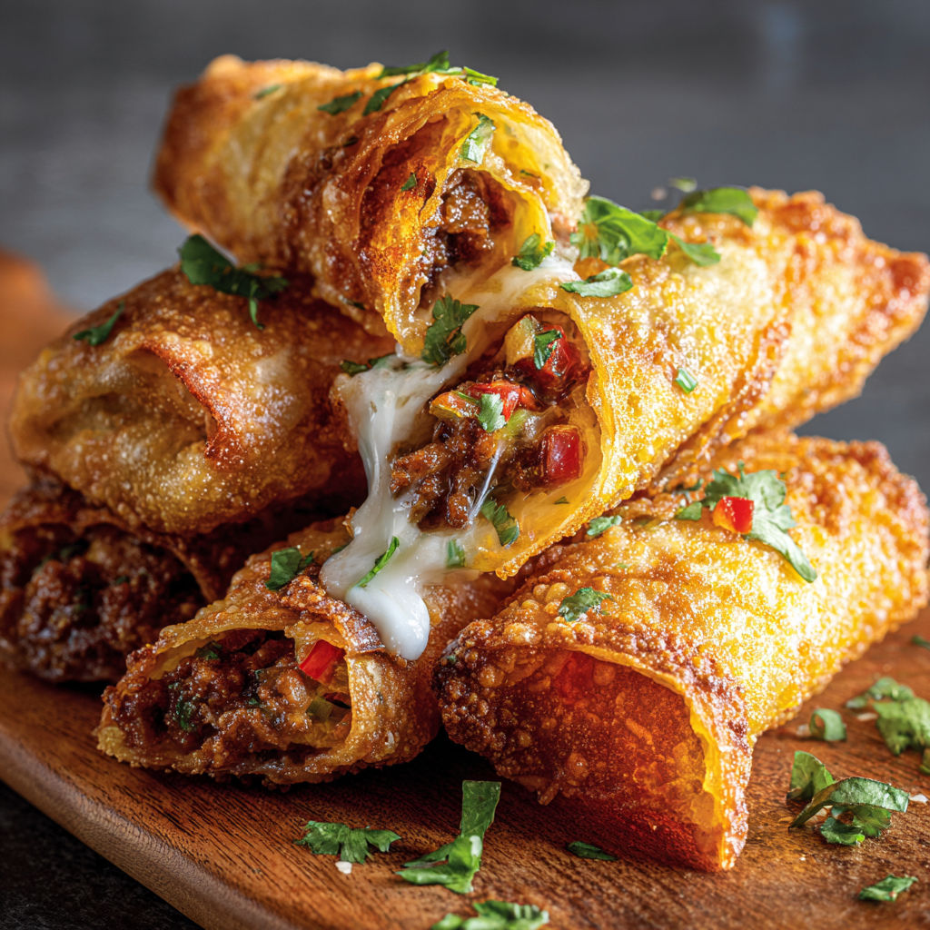 A stack of food with cheese and peppers.