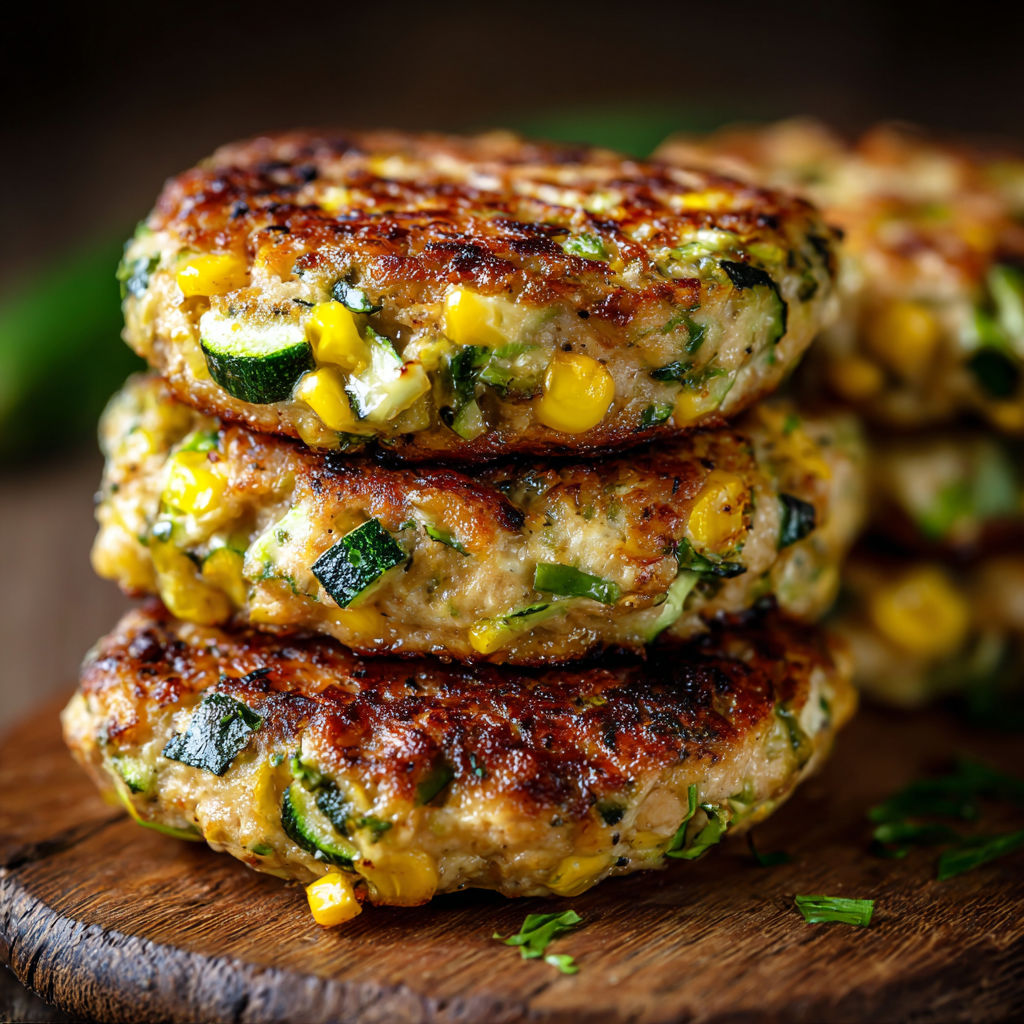 A stack of chicken zucchini and fresh corn burgers.