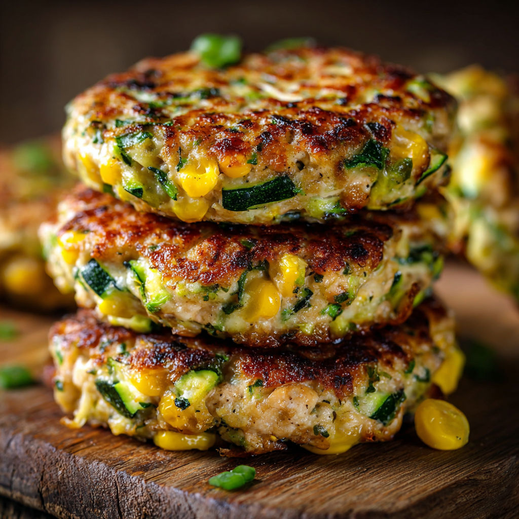A stack of chicken zucchini and fresh corn burgers.