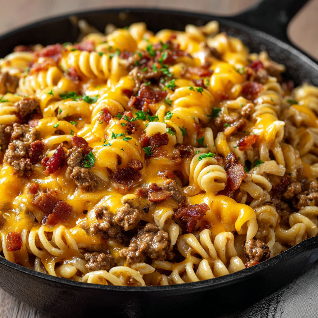 A loaded bacon cheeseburger pasta dish in a black skillet.