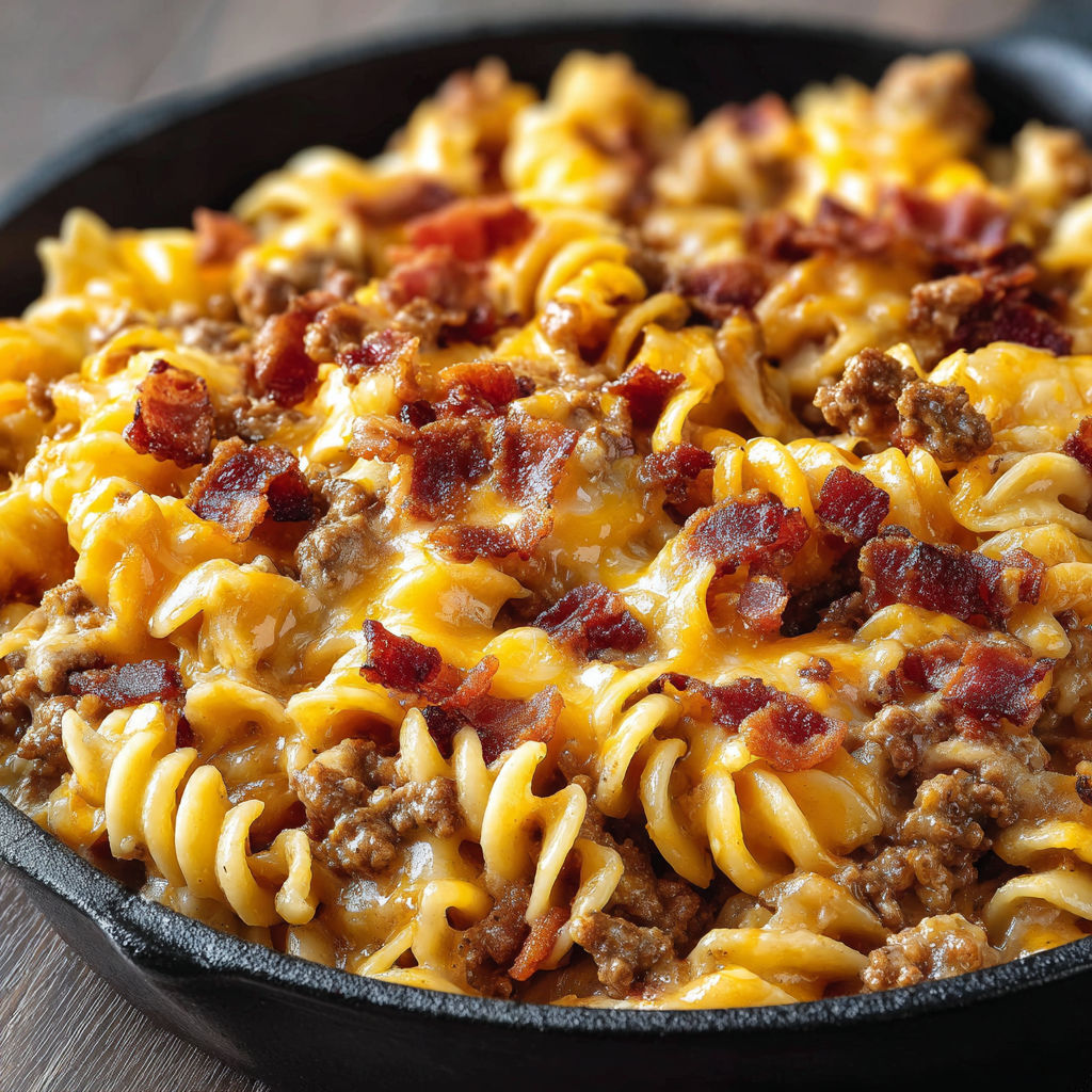 A delicious meal of pasta with bacon and cheese.