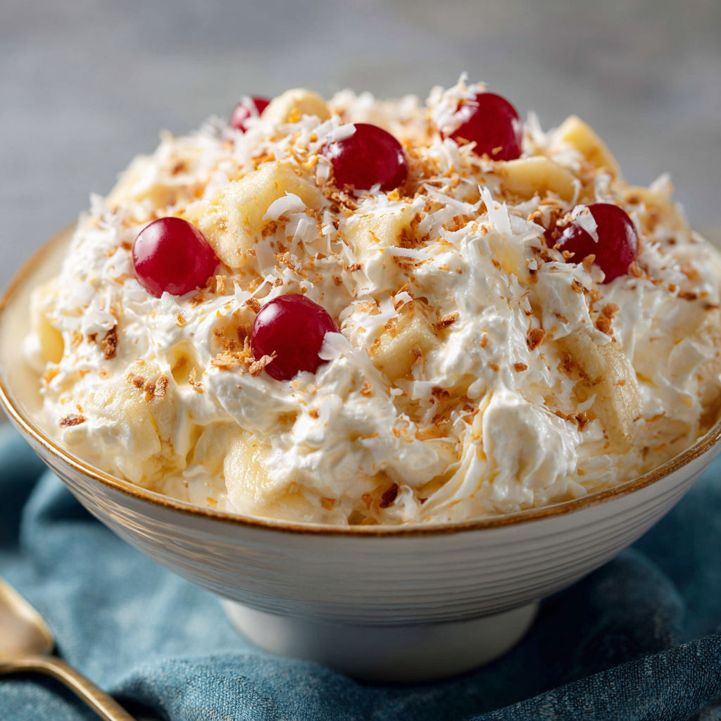 A bowl of food with bananas and cherries.