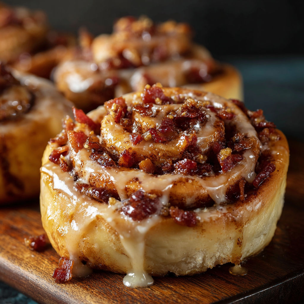 A close up of a pastry with bacon and sugar.