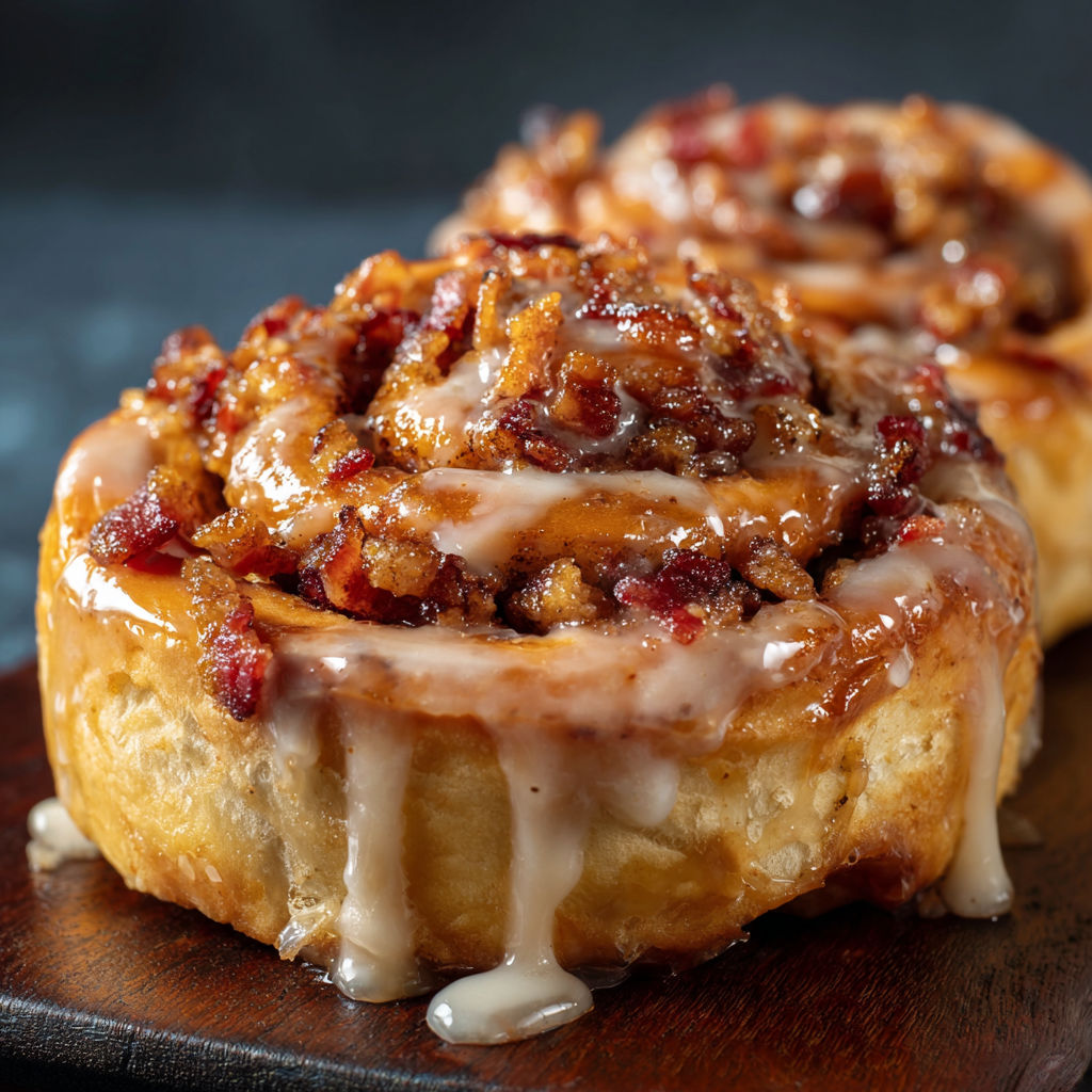 A close up of a pastry with icing and bacon.