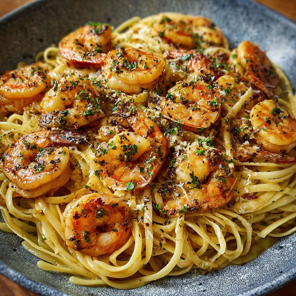 A bowl of garlic shrimp pasta with butter.