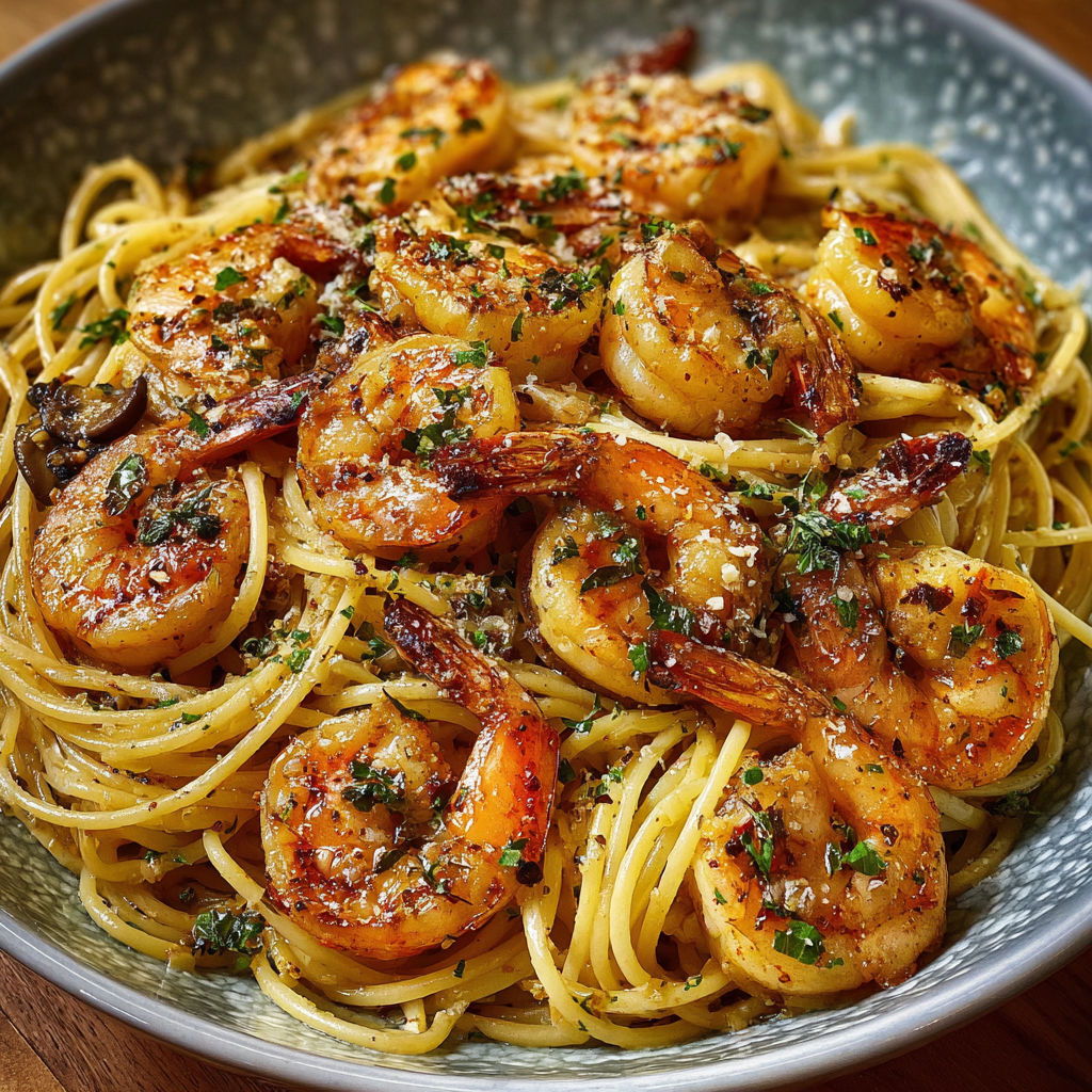 A bowl of shrimp and pasta.