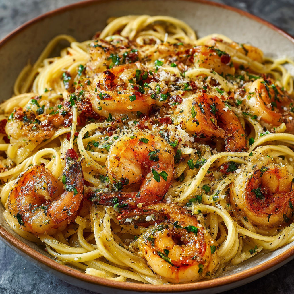 A bowl of pasta with shrimp and herbs.
