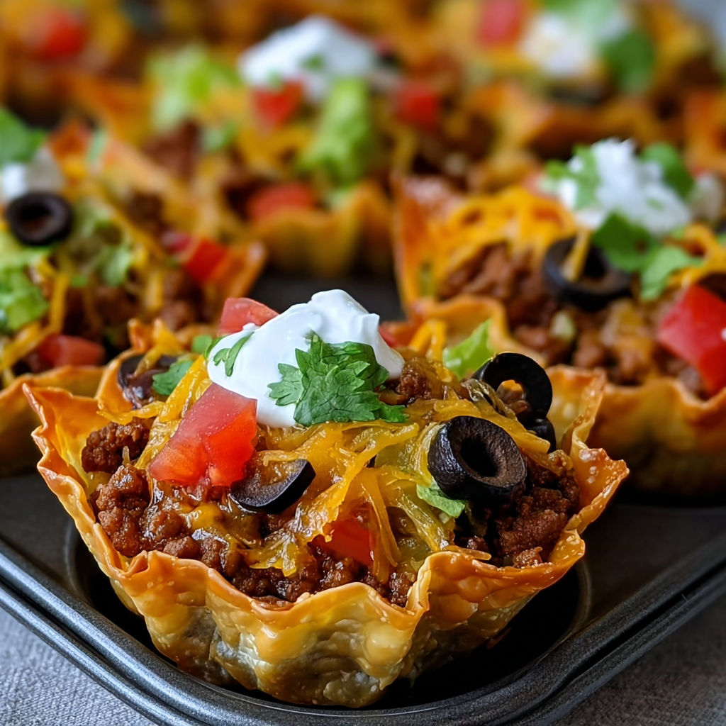 A tray of cheesy taco cupcakes.