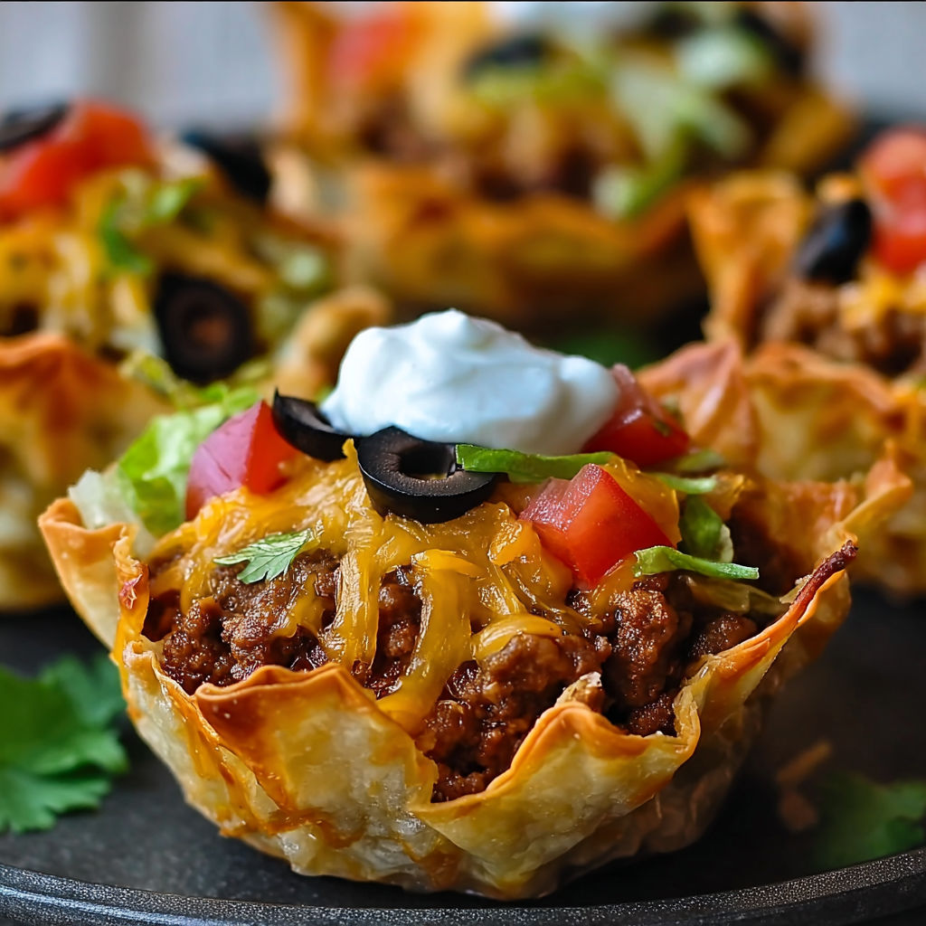 A plate of taco cupcakes with cheesy layers.