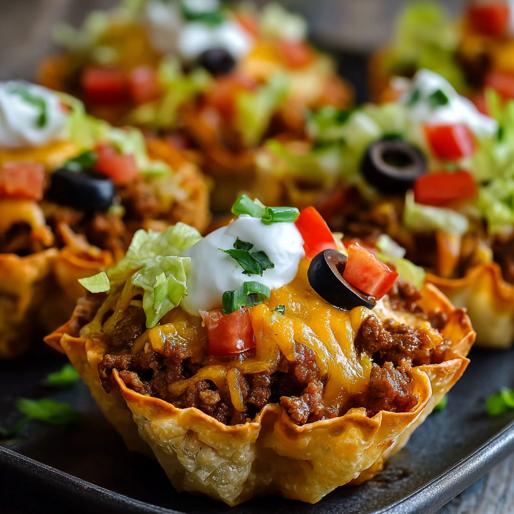 A plate of taco cupcakes with cheesy layers.