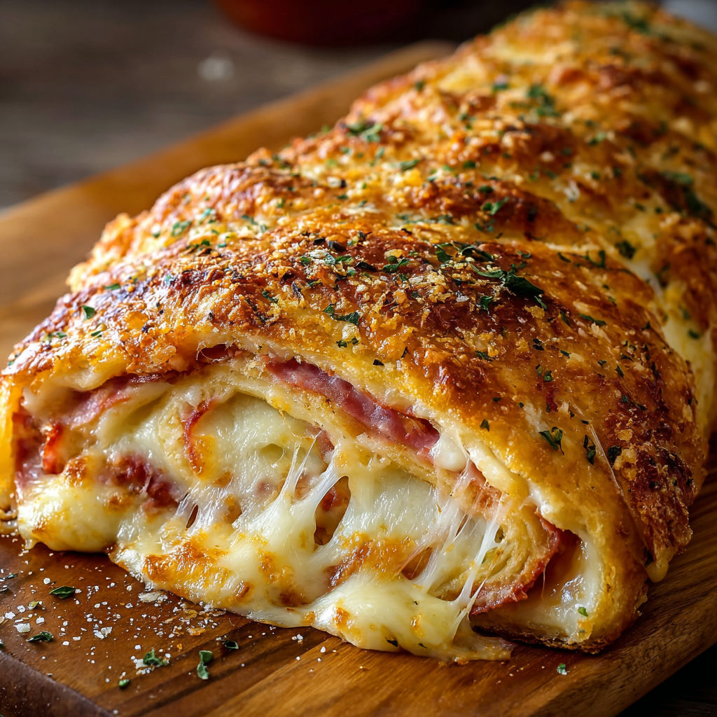 A slice of Italian Stromboli stuffed bread.