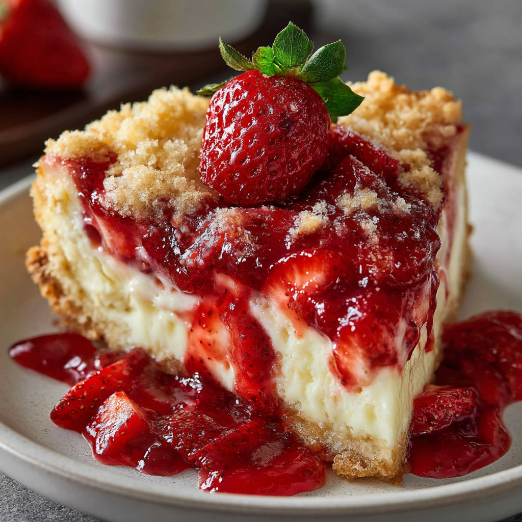 A slice of strawberry cheesecake dump cake.