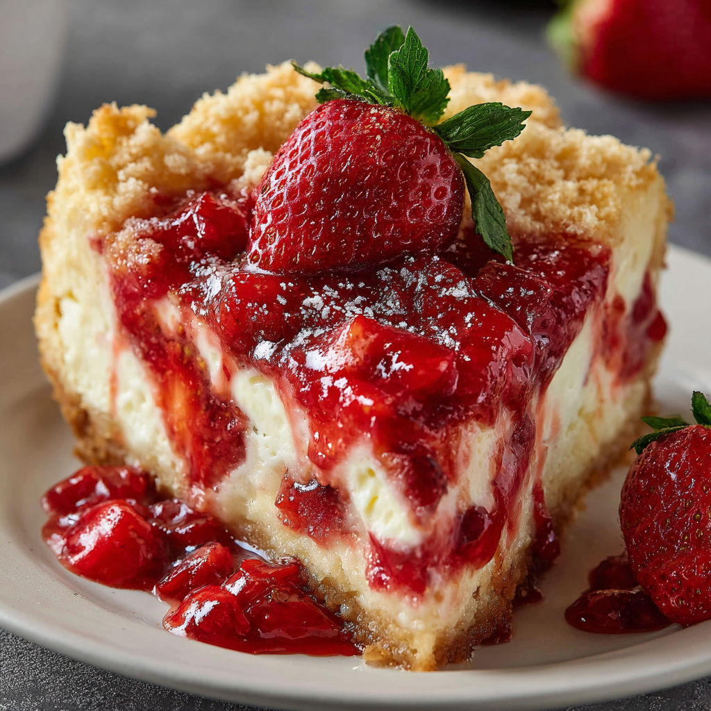 A slice of strawberry cheesecake dump cake.