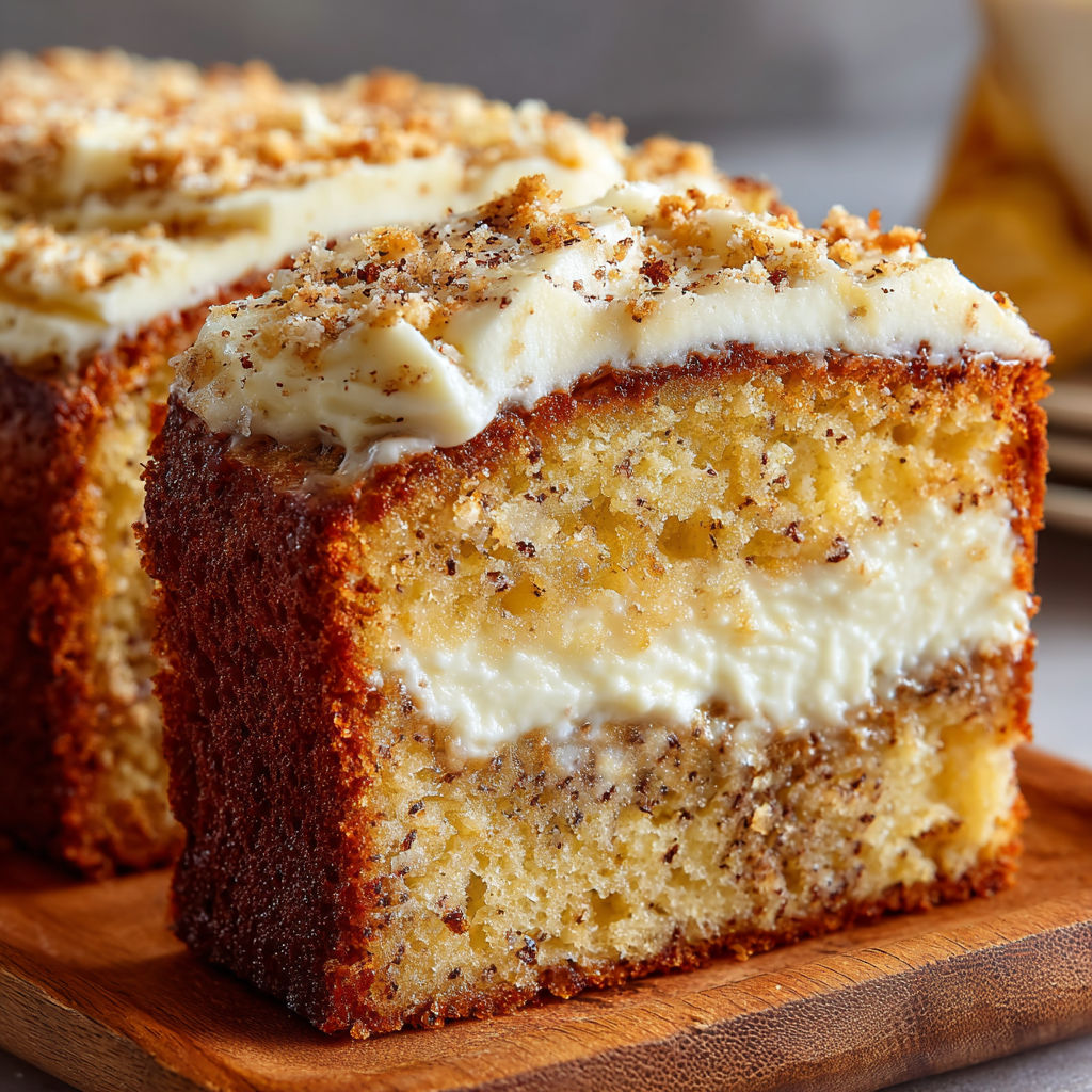 A slice of cake with white frosting.