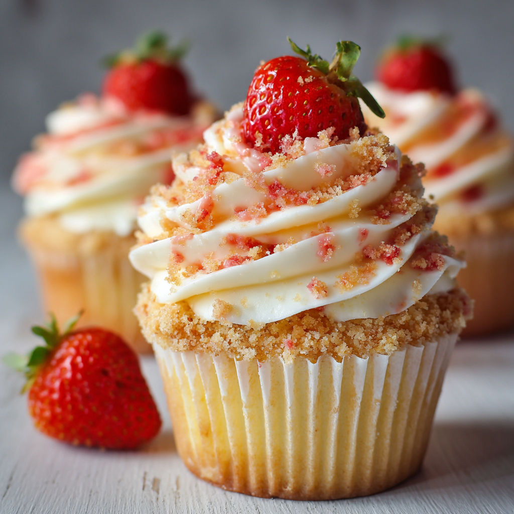 A cupcake with strawberries on top.