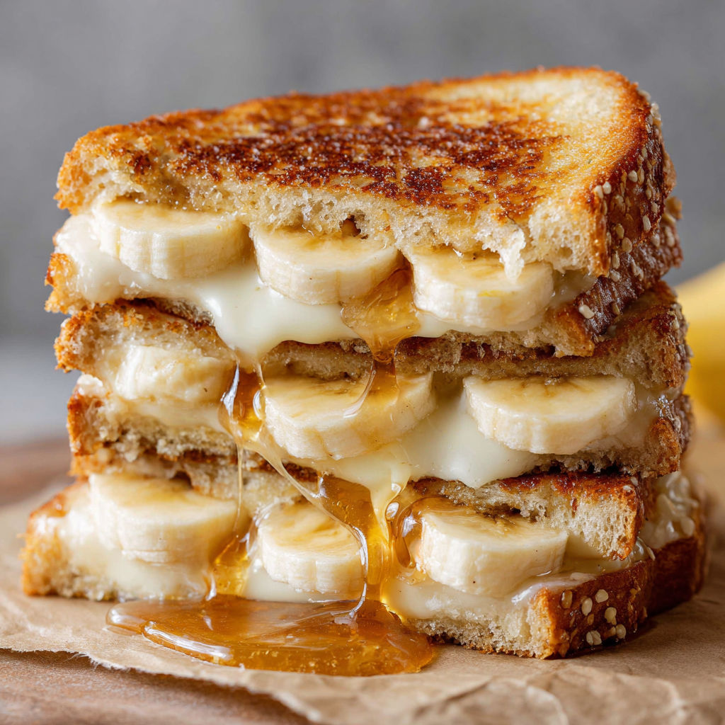 A stack of banana sandwiches with banana slices and cheese.