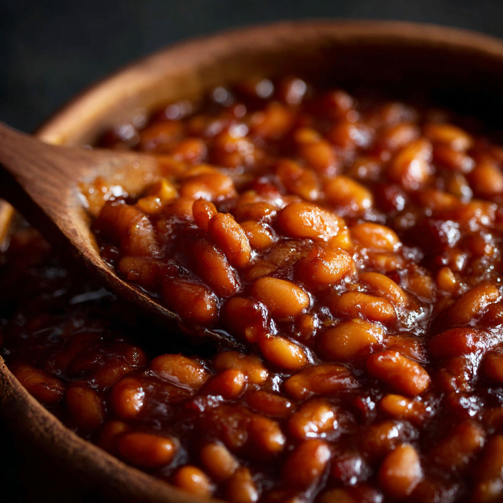 A wooden spoon in a bowl of beans.