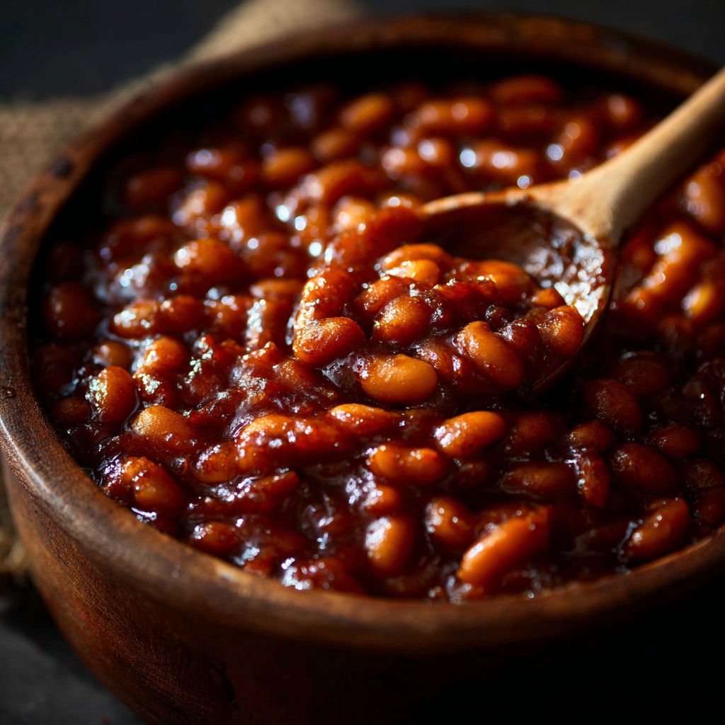 A wooden bowl filled with beans.