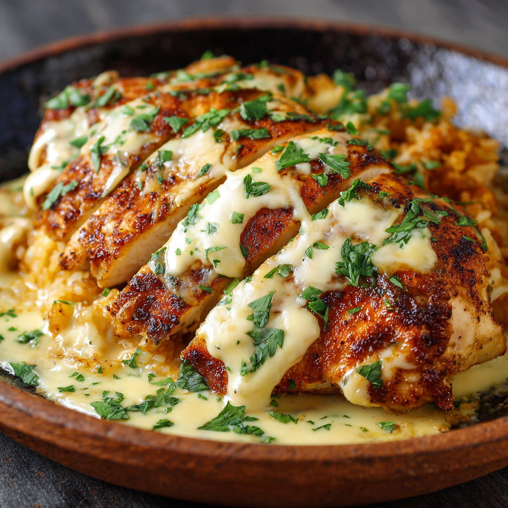 A plate of Mexican chicken with cheese sauce.