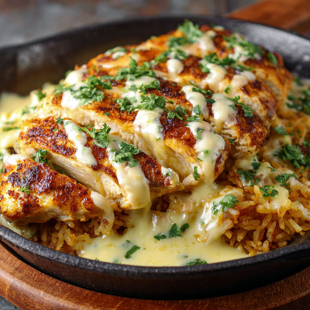 A plate of Mexican chicken with cheese sauce.