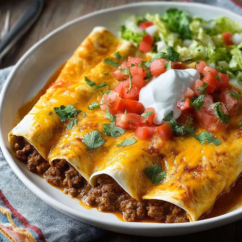 A plate of food with a burrito, tomatoes, lettuce, and sour cream.