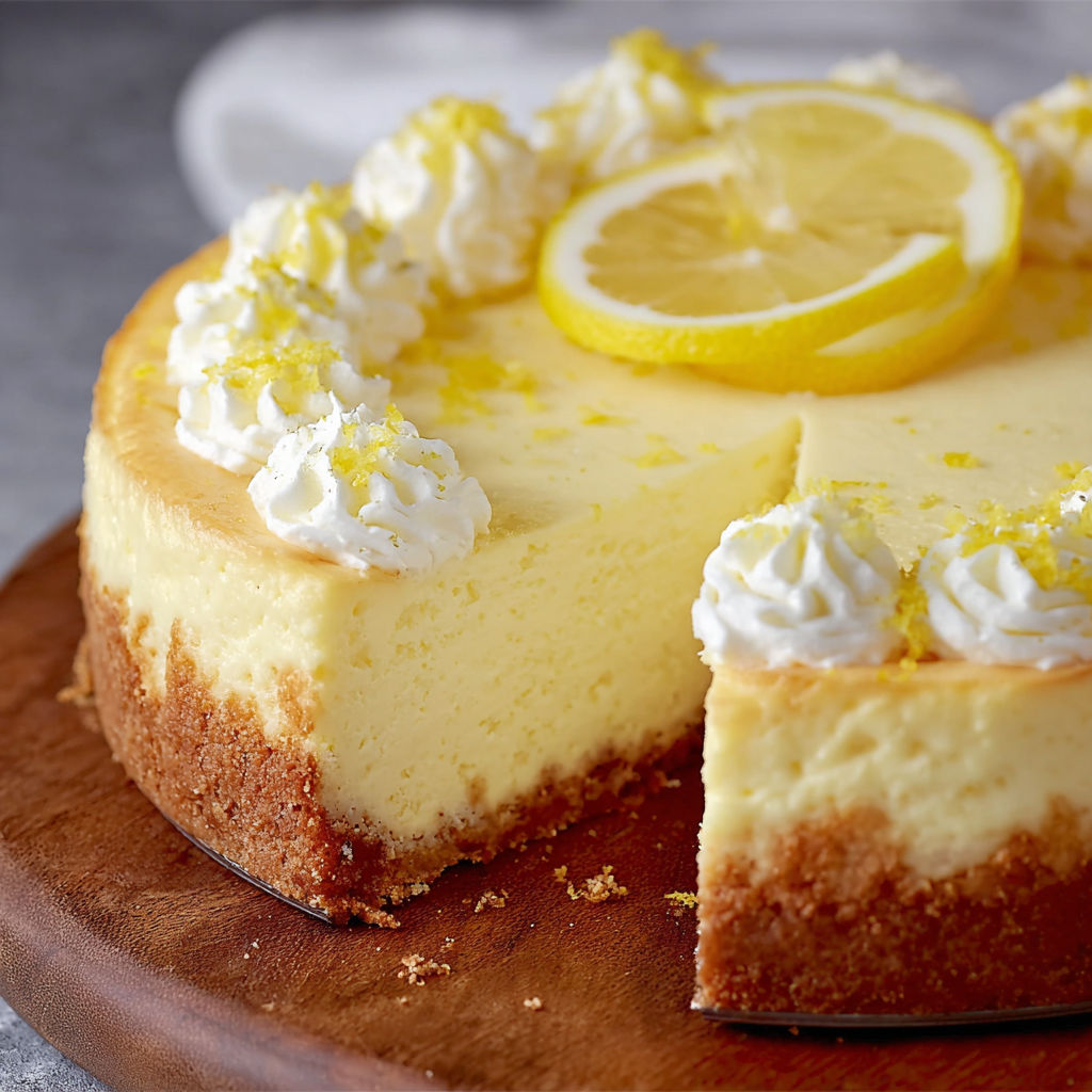 A slice of lemon cheesecake on a wooden board.