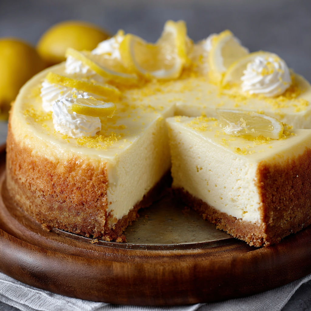 A slice of lemon cheesecake with a lemon wedge on top.