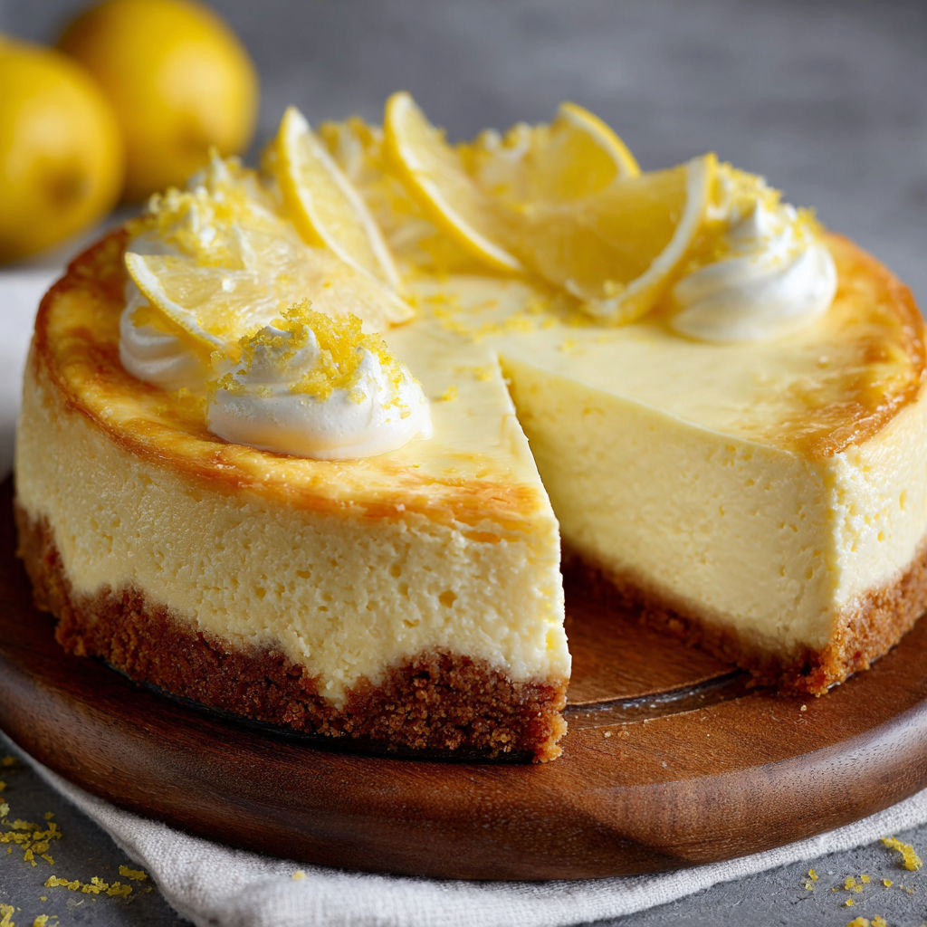 A slice of lemon cheesecake on a wooden platter.