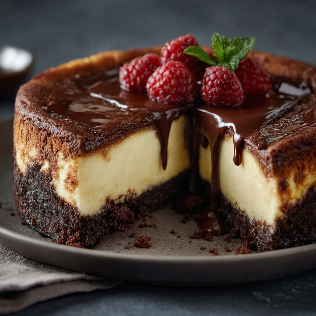 A slice of chocolate cheesecake with raspberries on top.
